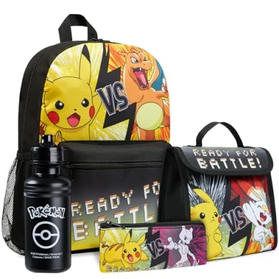 Image of Pokemon Kids Backpack Set, 4 Pcs School Supplies Rucksack Insulated Lunch Bag Pencil Case Water Bottle Gifts for Boys (Black/Yellow)