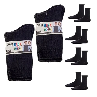Image of Kids Ribbed Cotton School Socks 12 Pack Rich Breathable Ankle Uniform UK Shoe Sizes 9 12, 3 &amp; 4 6 (Black, 12)