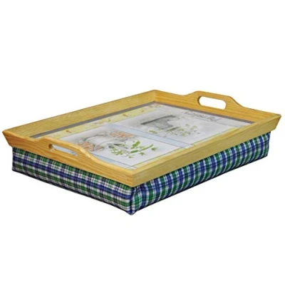 Image of Netagon Portable Wooden Breakfast, Food, Laptop Table Lap Tray with Cushion Bean Bag (Herbs)