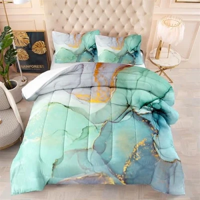 Image of Coverless Duvet Gold Green Marble Double Microfiber Quilted Bedspreads Lightweight Size Comforter All Seasons Throw+2 Pillowcases(50x75cm) 203x228cm