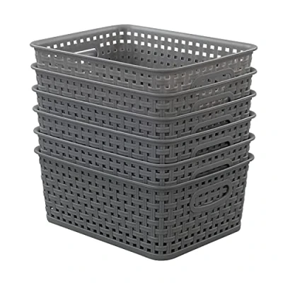 Image of Easymanie Grey Plastic Weave Storage Basket Box, 6 Packs