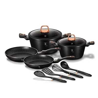 Image of Berlinger Haus Black Rose Induction Cookware Set of 10 Pieces, Non Stick Marble PFOA Free, Aluminium, 2 Casseroles, Glass Lids, Pans, 4 Utensils, Modern Design, Ceramic, Gas