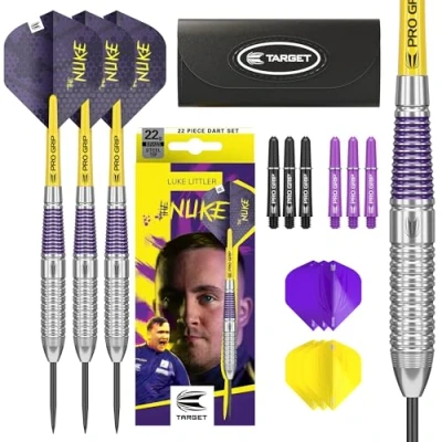 Image of TARGET Darts Luke Littler Brass Steel Tip Set 22G Dart, The Nuke Player Edition Dart Set, Accessories