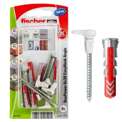 Image of fischer EasyHook Angle K (6), set of 6 angled hook screws &amp; DuoPower x 30 plugs, chipboard with hooks, flexible screw hooks for mounting in numerous building materials