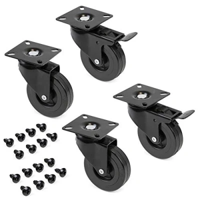 Image of Emuca Pack of 4 swivel castors for furniture Ø75mm (Ø2,95 inch) with fixing plate and ball bearings, rubber caster wheels in black colour.