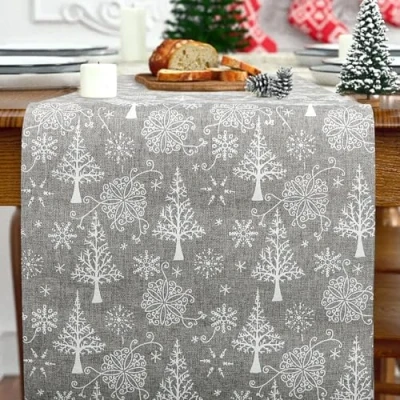Image of 11 x 108 Inches Xmas Table Runners White Christmas Tree Runner Dinner Decorations for Seasonal Winter Kitchen Holiday Party（Grey）