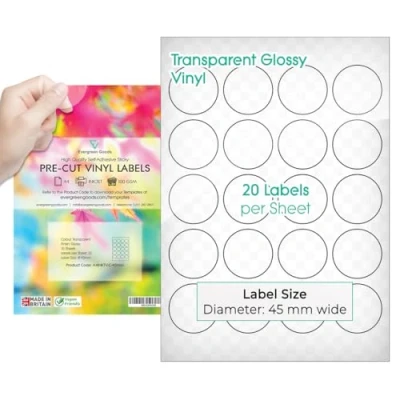 Image of Evergreen Goods™ A4 Round Precut Sticker Labels Glossy Transparent/Clear 45mm (20 per Sheet, 200 in Total) 10 Sheets Inkjet Printable Sticky Back Self Adhesive Circular Circle Vinyl