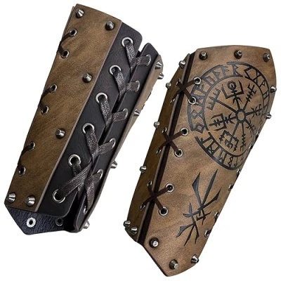 Image of HiiFeuer Medieval Embossed Arm Bracers, Retro Faux Leather Knight Gauntlets, Vintage Guards(Brown C)