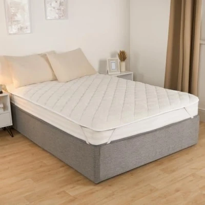 Image of OHS Mattress Topper Teddy Quilted, Luxury Thermal Double Bed Sleep Enhancer Pad Protector Anti Allergy For Bed, Cream