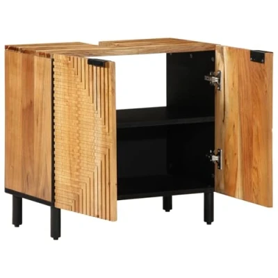 Image of vidaXL bathroom sink cabinet rectangular acacia wood storage unit with dual doors indoor/outdoor 62x33x58 cm