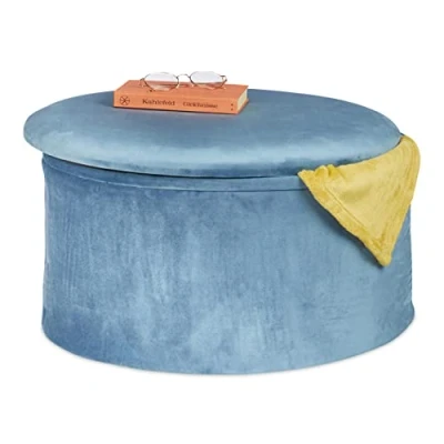 Image of Relaxdays Ottoman with Storage Space, Foldable, Upholstered, Round Velvet Stool, HxØ: 31 x 57 cm, Petrol Blue, Fibreboard
