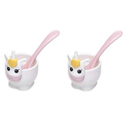 Image of Joie Unicorn Egg Cup and Spoons, Plastic Kitchen Cups for Breakfast Food, Cooking, Soft boiled Hard Eggs, Jammy Yolk, 2 Piece, Light Pink