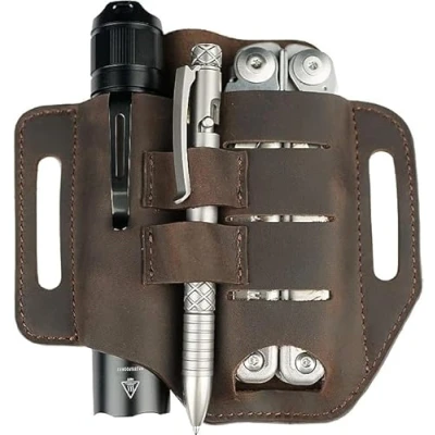 Image of VIPERADE PJ13 EDC Leather Sheath, Multitools Sheath/Tools Holster/Knife Belt Sheath/Flashlight Sheath for Leatherman Multitools/Knives Handmade 3 Pockets Organizer (Brown)