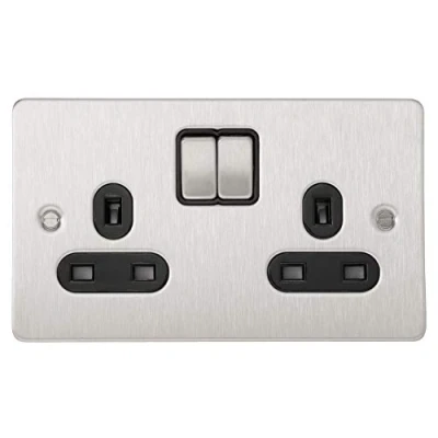 Image of Schneider Electric Ultimate Flat Plate Switched Double Power Socket, Pole, 13A, GU3220DBSS, Stainless Steel with Black Insert
