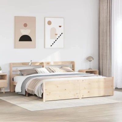 Image of vidaXL Solid Pine Wood Bed Frame 180x200 cm Super King with Freestanding Headboard and Storage Shelves Brown