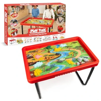 Image of Play Tray Activity Table with Mat Set, Kids Sensory Tray, Farm and Safari Theme Red