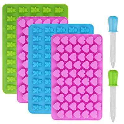 Image of Candy Silicone Molds &amp; Ice Cube Trays, YuCool 4 Pack Gumdrop Jelly Molds, Chocolate Gummy Bear with 2 Bonus Droppers Heart,