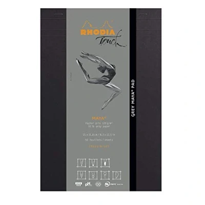 Image of RHODIA TOUCH 116109C Block Gray Maya Pad A4+ New Ruler Cross&#039;N&#039;Dot 50 Sheets Clairefontaine Paper 120 g/m for Calligraphy and Precise Drawing with Pencil, Liner, Pen