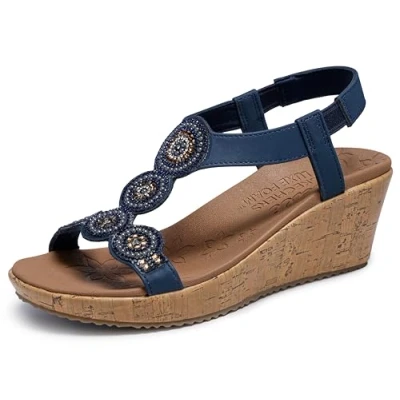 Image of Skechers Women&#039;s Beverlee Date Glam Sandal Wedge, Navy, 3.5 UK