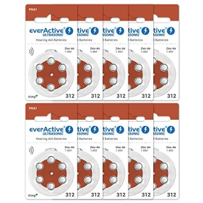 Image of everActive 312, 60 Pack, Hearing Aid Batteries, High Performance, Zinc Air 10 Blister Cards, 4 Year Shelf Life, Brown, Ultrasonic PR41