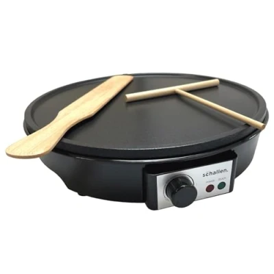 Image of Schallen Black 1000W Electric Traditional Pancake &amp; Crepe Maker Machine, 12&quot; Hot Plate and Utensils Included