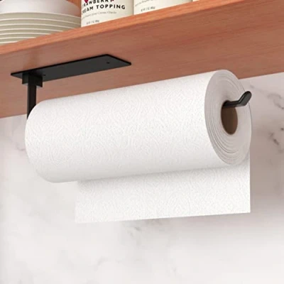 Image of Black Kitchen Roll Holder Under Cabinet,Stainless Steel Paper Towel for Self Adhesive Wall Mounted Rack, Suitable Pantry, Kitchen,Bathroom