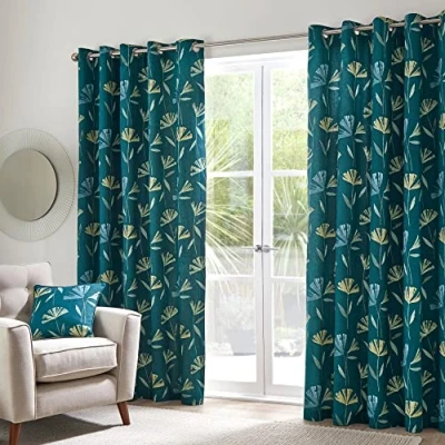 Image of Fusion Dacey 100% Cotton Pair of Eyelet Curtains 46&quot; Width x 54&quot; Drop (117 137cm) in Teal