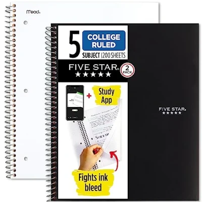 Image of Five Star Spiral Notebooks Plus Study App, 2 Pack, 5 Subject, College Ruled Paper, 11&quot; x 8 1/2&quot;, 200 Sheets, Black &amp; White (73035)