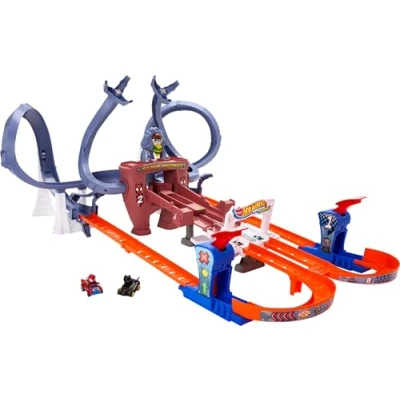 Image of Hot Wheels RacerVerse Spider Man’s Web Slinging Speedway Track Set Racers Man and Black Panther, Multi Lap Race to Escape Doc Ock, HPL34