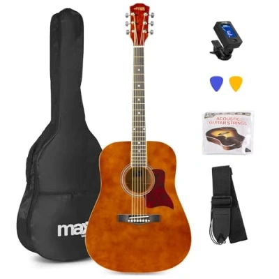 Image of Acoustic Guitar Set, Full Size with Gig Bag, Tuner, Strap and Strings Beginners Starter Pack, Dreadnought, SoloJam Western Natural