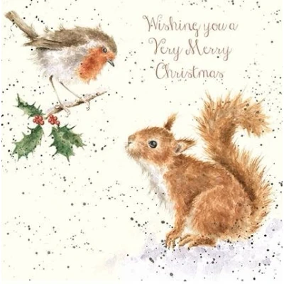 Image of Wrendale Designs by Hannah Dale Robin And Squirrel Gold Foiled Christmas Card Single