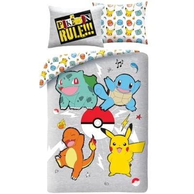 Image of Pokemon Rules Bedding Set, Duvet Cover 140 x 200 cm + Pillowcase, with Pikachu, Bulbasarre, Charmander and Squirrel