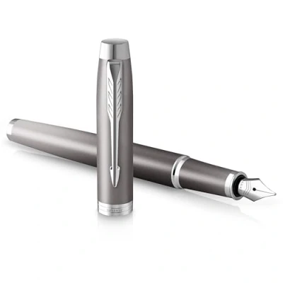Image of Parker IM Writing Rituals Fountain Pen, Grey Finish with Gradient, Chrome Trims, Fine Nib, Blue Ink, Gift Box