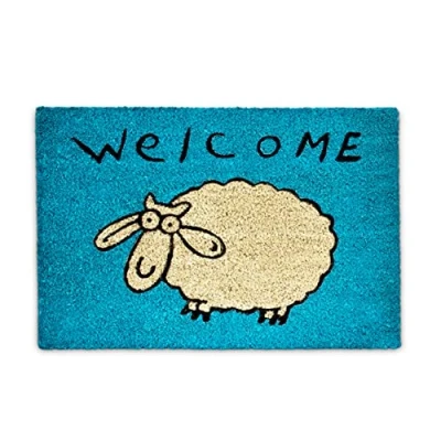 Image of Relaxdays Coconut Fibre SHEEP Doormat 40 x 60 cm Coir Welcome Mat with No Slip Rubber PVC Underside, Blue