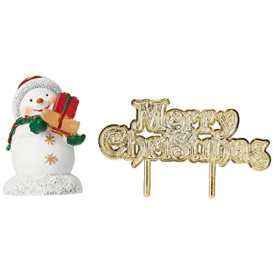 Image of Anniversary House 2pcs Sweet Snowman Resin Cake Topper &amp; Gold Merry Christmas Motto Luxury Boxed Xmas Decorations, Toppers, Yule Log Decoration, Traditional Non Edible BX338 UK