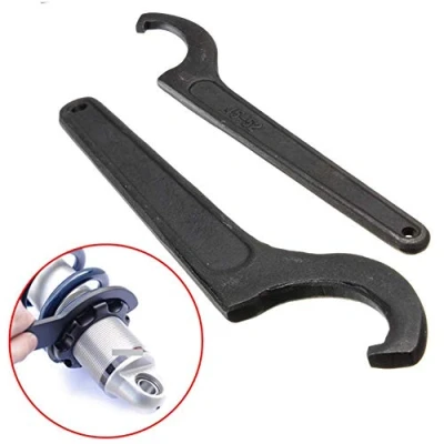 Image of Lseqow C Type Spanner, Universal Coilover Spanner Chrome Vanadium Alloy Steel Wrench Adjustable Tool Hook Shock Absorber, 45 52mm, Black