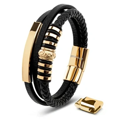 Image of SERASAR Mens Bracelets 23cm Gold Gift Box Genuine Leather Cowhide Braided Adjust Able Magnetic Clasp Multi Layer Wrap Jewellery Rope Man Mans Male Band Jewelry Accessories