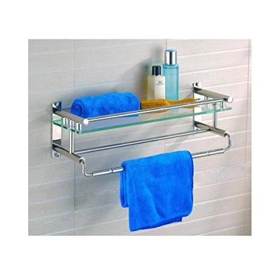 Image of Bathroom Glass Shelf 2 Tier with Towel Bar and Rail Wall Mounted Stainless Steel, D J, Single Layer, 40cm