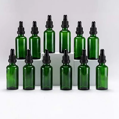 Image of YIZHAO Green Glass Dropper Bottles 50ml, with Pipette Dropper, for Essential oil, Aromatherapy, Laboratory, Massage, Makeup, Mixing, Travel 12Pcs