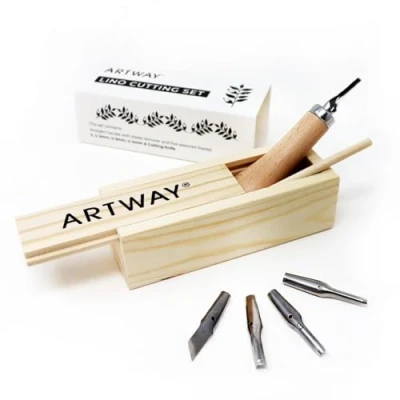 Image of Artway Lino Cutting Tools Ideal for Relief Printmaking 5 Assorted Nibs and Ergonomic Handle in Wooden Storage Box