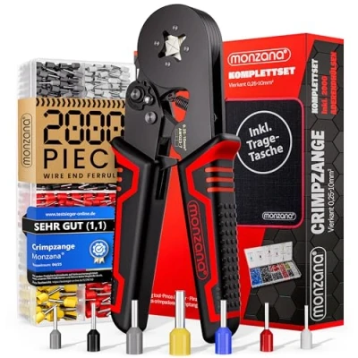 Image of MONZANA® Electricians Crimping Pliers Set 0.25 10mm² 2000 Cable Wire End Ferrules Electrical Bootlace Terminal Connectors Ratchet Crimp Pressing Tool with Storage Bag Black Red