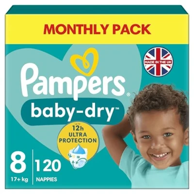 Image of Pampers Baby Dry Size 8, 120 Nappies, 17kg+, Monthly Pack, Up to a 100% Leak Free Night