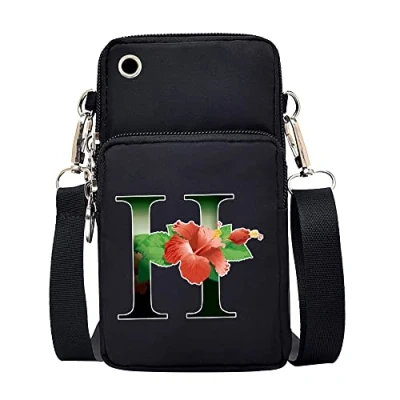 Image of FINDING CASE initial letter Printed Women Girls men Zipper Waterproof Nylon 3 Layers Crossbody Bags Wallet Cellphone Purse Shoulder Bag Wristlet Handbags Adjustable Strap (Flower color H)