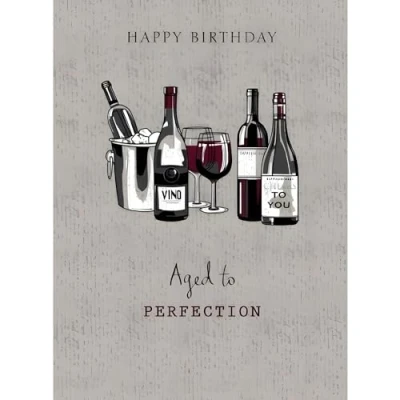 Image of Male Birthday Card for Him General Men Contemporary Wine Bottle and Glasses Design Aged to Perfection Special Finishes Made in the UK Eco Friendly