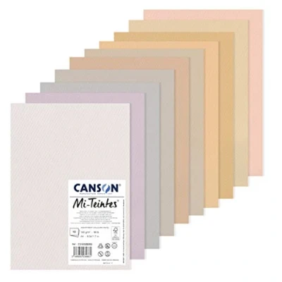Image of CANSON Mi Teintes Coloured Drawing 160gsm A4 Paper Pack, Double Sided: Honeycomb &amp; Fine Grain, 10 Pastel Colour Sheets, Ideal for Professional Artists Illustrators