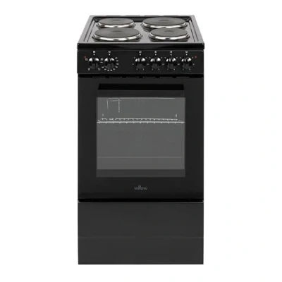 Image of Willow WE50SSB 62L Freestanding Electric Cooker, 50cm Wide Single Cavity Cooker with Solid 4 Zone Plate Hob, 2 Year Warranty Black