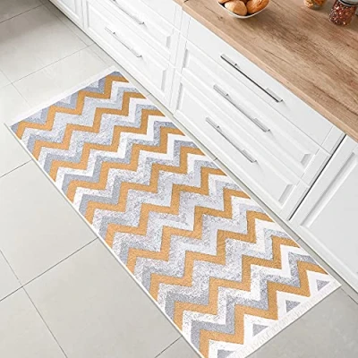 Image of Jimri Fashion4Home Short Pile Boho Kilim Rug, Living Room Bedroom and Kitchen Rug Runner, Hallway Children&#039;s Zigzag Gold, Greetings: 60 x 180 cm