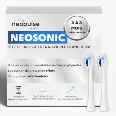 Image of NEOPULSE® Pack of 2 Ultra soft White Nylon Brush Heads Refills for NEOSONIC® Sonic Electric Toothbrush NEOKIDS Compatible 3D: Short and Long Strands Wear Indicator