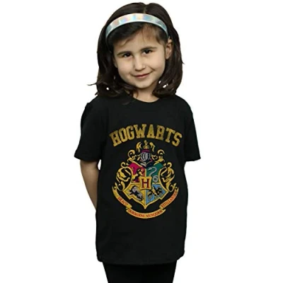 Image of Harry Potter Girls Filled Crest Varsity T Shirt Black 3 4 Years