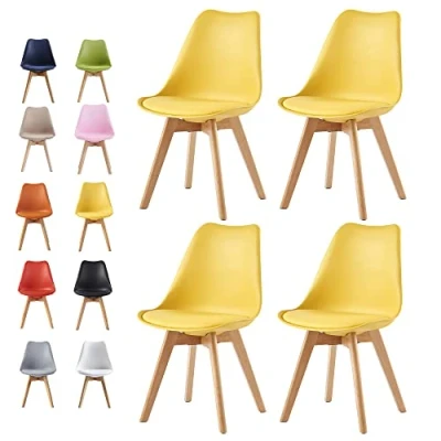 Image of mcc direct Set of 4 Dining Chairs Wooden Legs Soft Cushion Pad Stylish DELUXE Retro Lounge Office EVA (Yellow)